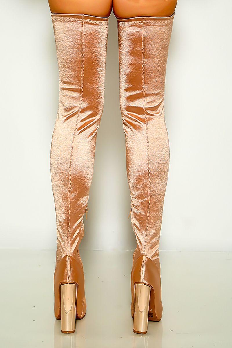 Champagne Pointy Toe Chunky Heels Thigh High Boots - AMIClubwear