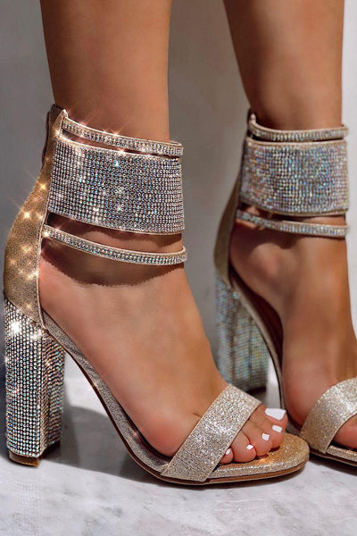 Champagne Rhinestone Shimmery Chunky High Heels - AMIClubwear