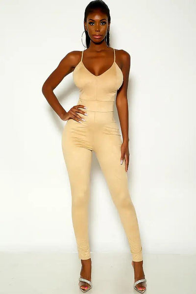 Champagne Sleeveless Fitted Faux Suede Jumpsuit - AMIClubwear