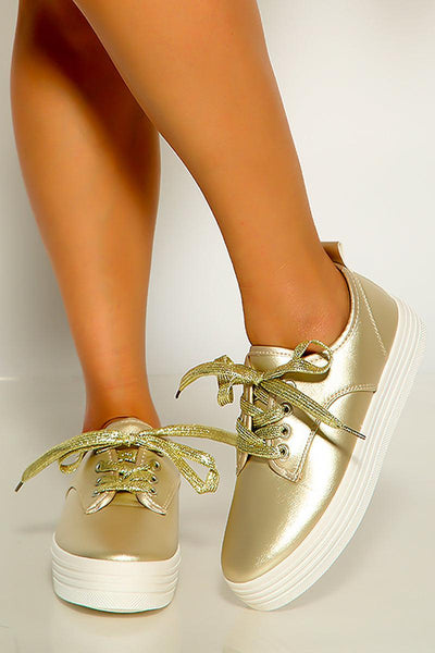 Champagne White Lace Up Metallic Platform Sneakers - AMIClubwear