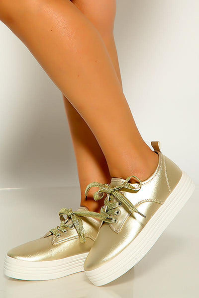 Champagne White Lace Up Metallic Platform Sneakers - AMIClubwear