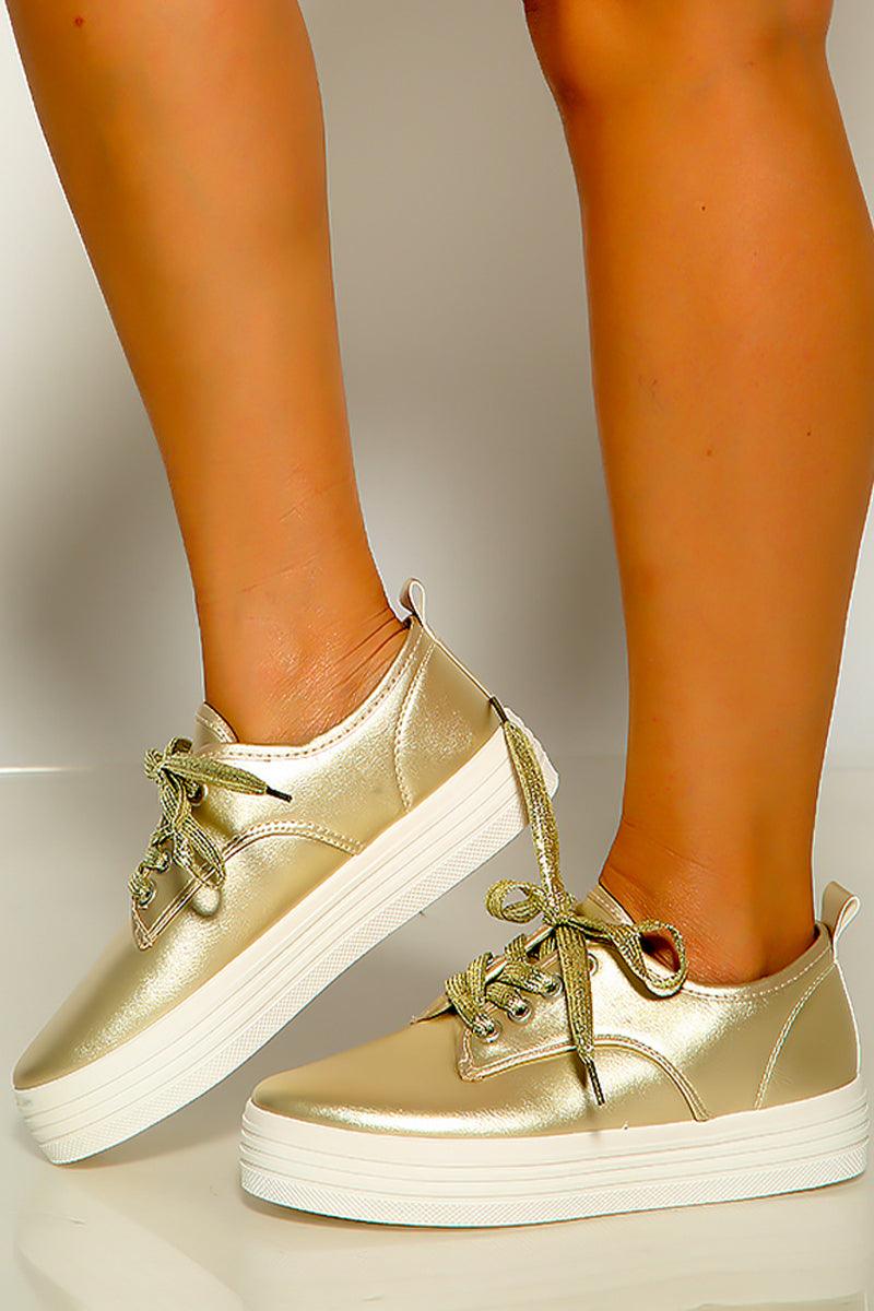 Champagne White Lace Up Metallic Platform Sneakers - AMIClubwear