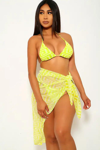 Chartreuse Geometric Print Three Piece Swimsuit - AMIClubwear