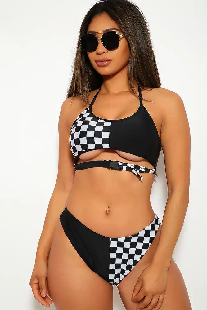 Checkered Print Black White Two Piece Swimsuit - AMIClubwear