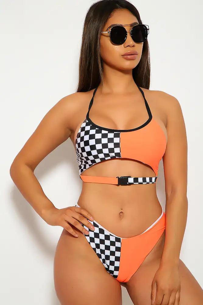 Checkered Print Two Piece Orange Swimsuit - AMIClubwear