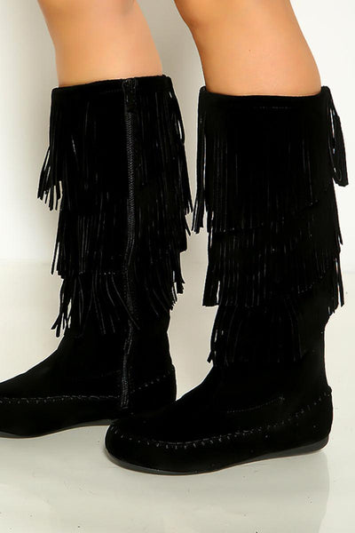 Chic Black Moccasin Fringe Suede Flat Boots - AMIClubwear