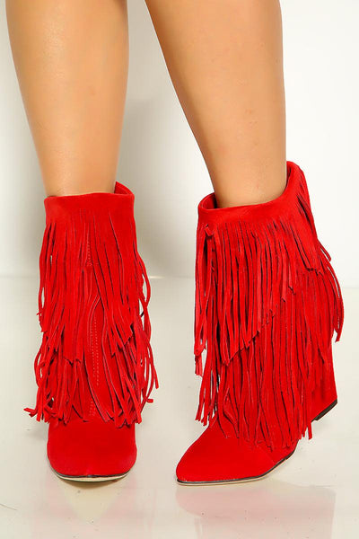 Chic Red Moccasin Fringe Ankle Wedge Booties - AMIClubwear