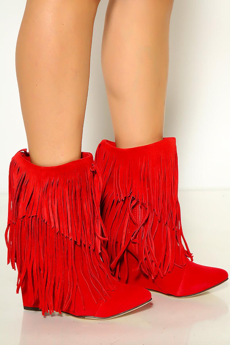 Chic Red Moccasin Fringe Ankle Wedge Booties - AMIClubwear