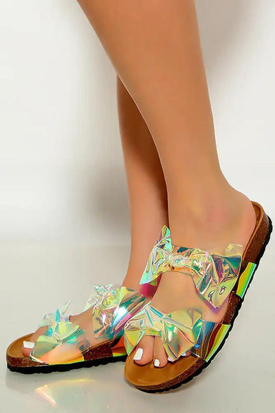 Clear Hologram Open Toe Bow Detail Two Tone Slip On Sandals - AMIClubwear