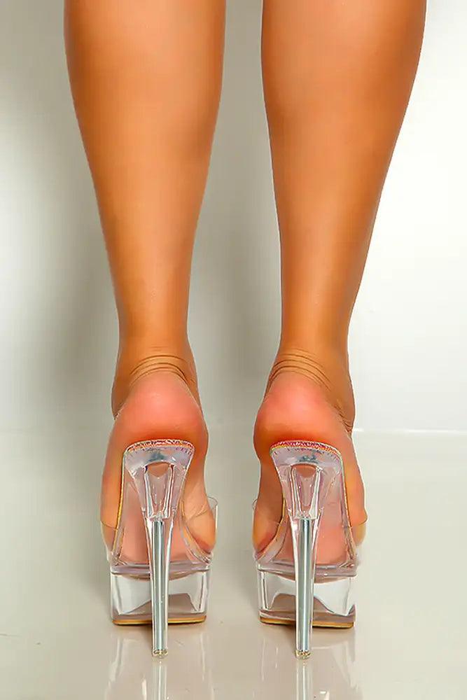 Clear Hologram Pink Open Toe Clear Strap Slip On Platform High Heels - AMIClubwear
