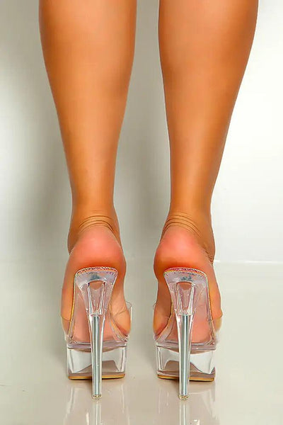 Clear Hologram Pink Open Toe Clear Strap Slip On Platform High Heels - AMIClubwear