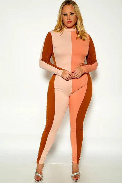 Coffee Camel Long Sleeve Two Tone Plus Size Ribbed Sexy Jumpsuit - AMIClubwear