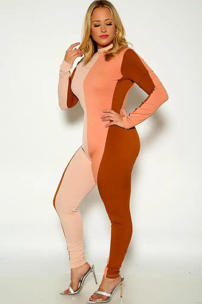 Coffee Camel Long Sleeve Two Tone Plus Size Ribbed Sexy Jumpsuit - AMIClubwear