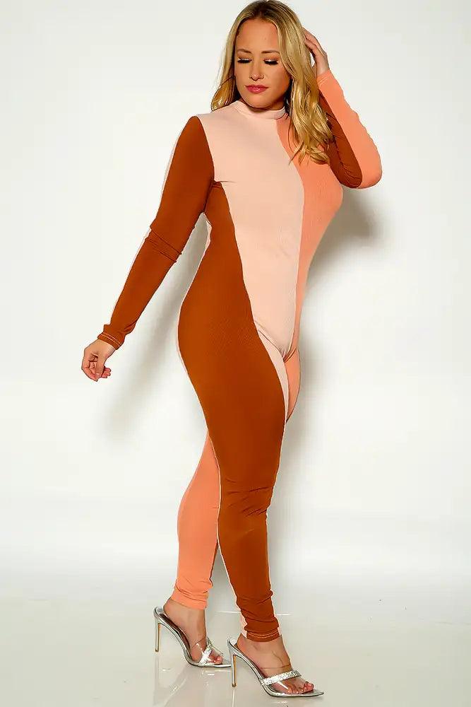 Coffee Camel Long Sleeve Two Tone Plus Size Ribbed Sexy Jumpsuit - AMIClubwear