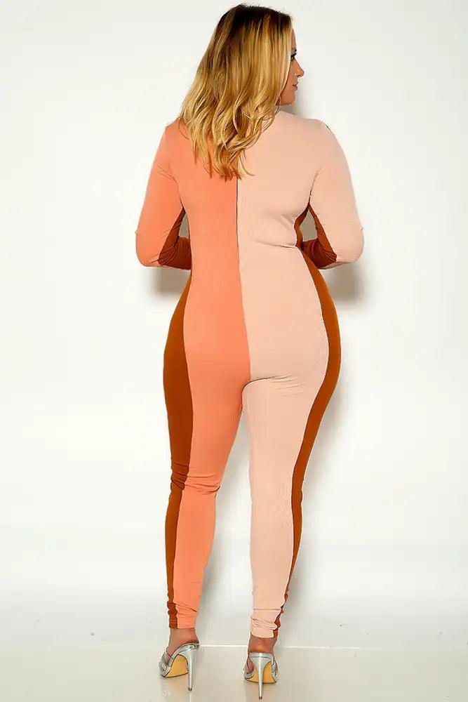 Coffee Camel Long Sleeve Two Tone Plus Size Ribbed Sexy Jumpsuit - AMIClubwear