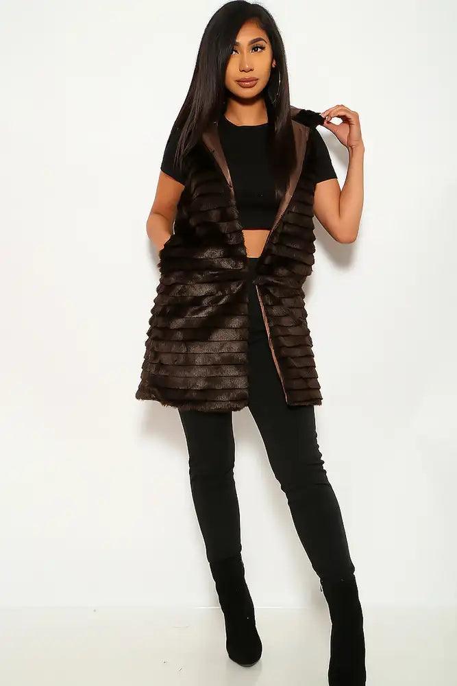 Coffee Faux Fur Sleeveless Vest - AMIClubwear