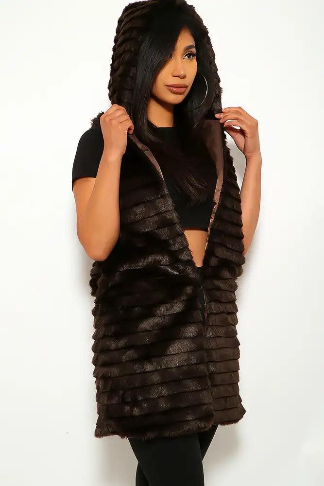 Coffee Faux Fur Sleeveless Vest - AMIClubwear