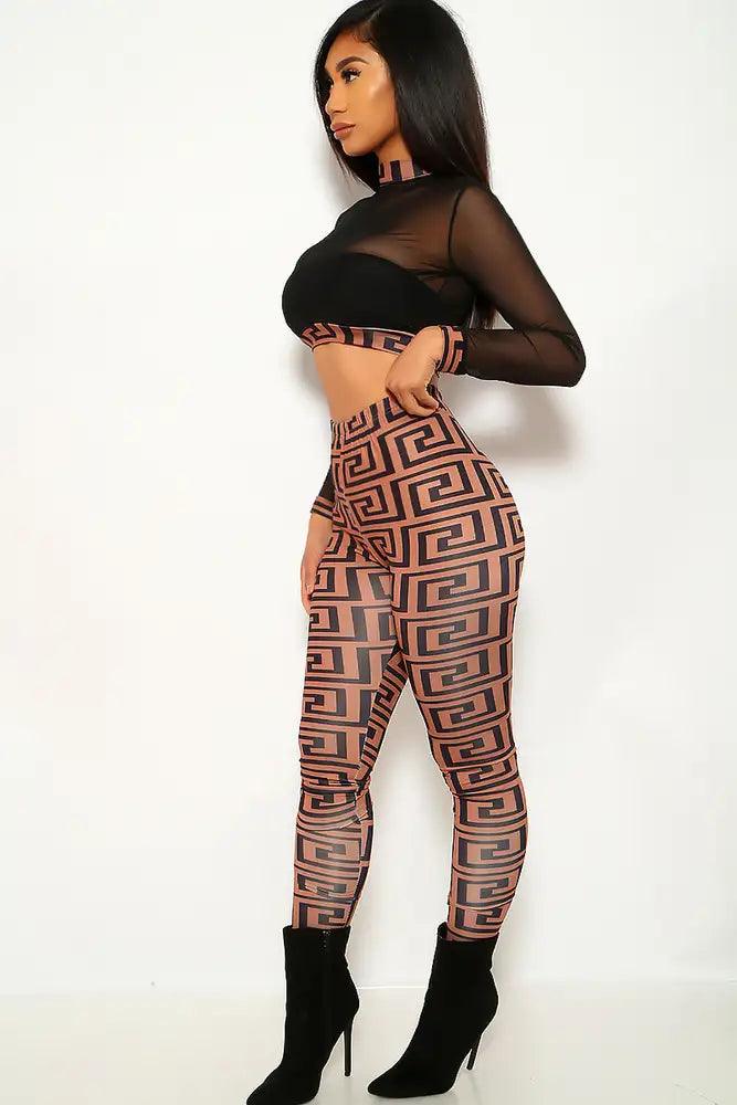 Coffee Geometric Print Two Piece Outfit - AMIClubwear