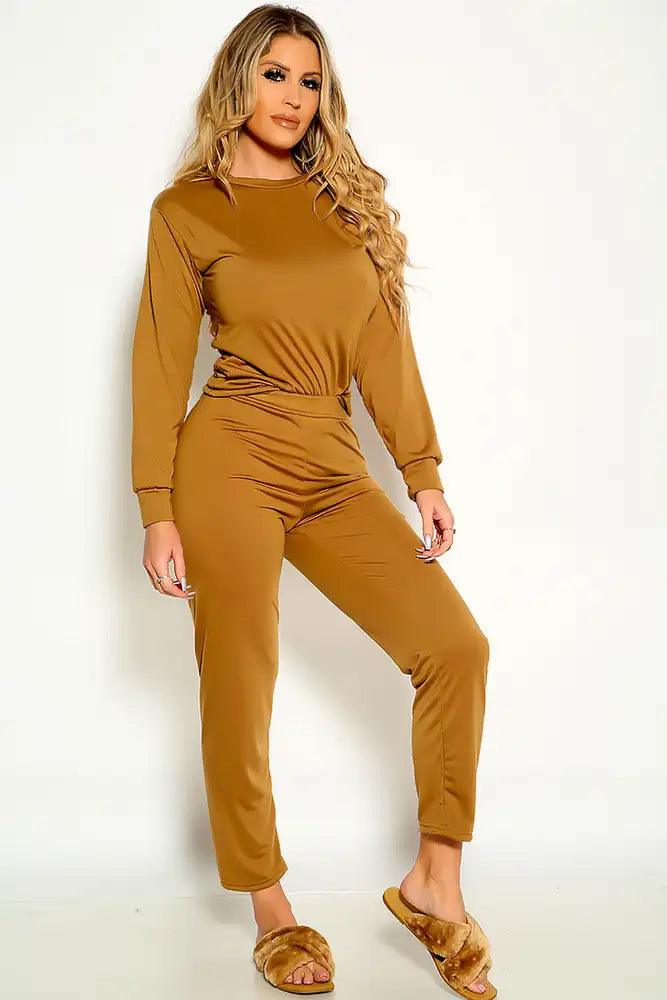 Coffee Long Sleeve Comfy Two Piece Loungewear Outfit - AMIClubwear