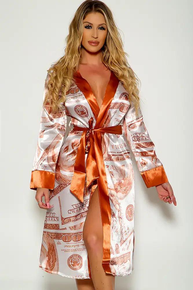 Coffee Long Sleeve Faux Satin Money Dollar Print Belted Robe - AMIClubwear