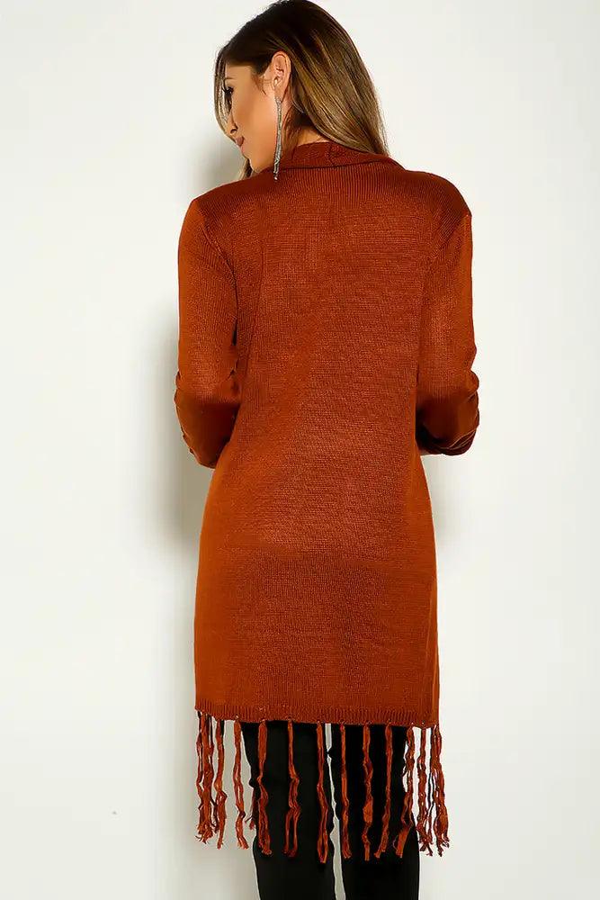 Coffee Long Sleeve Fringe Knitted Cardigan - AMIClubwear