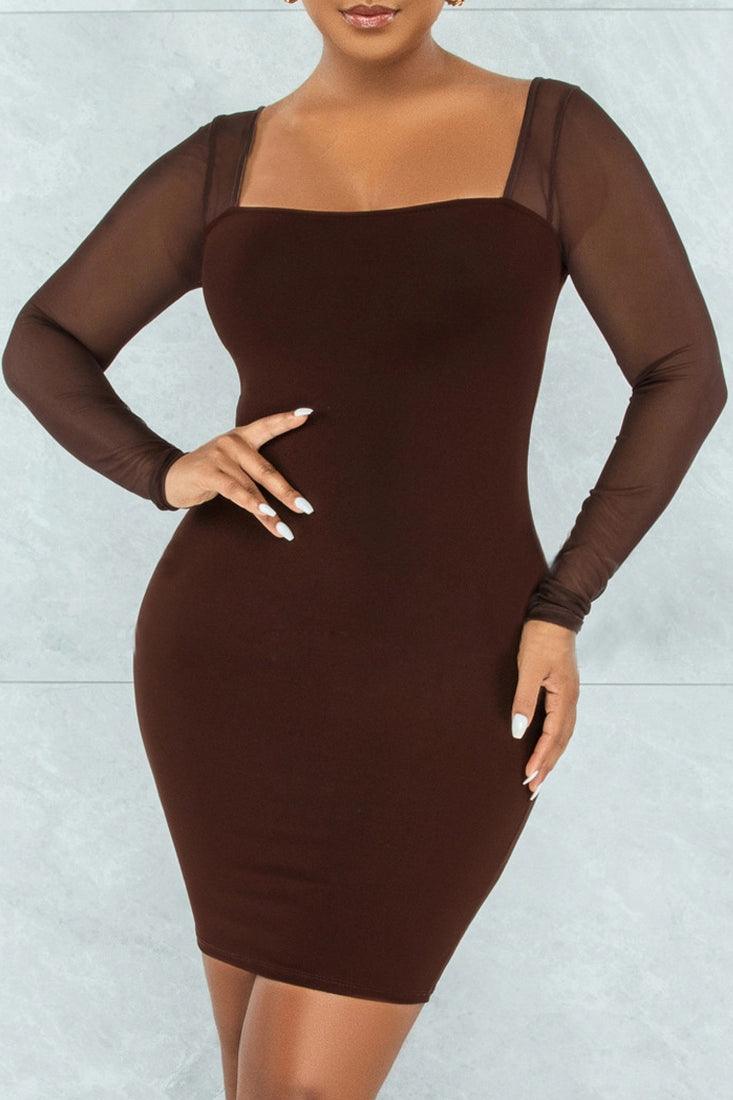 Coffee Mesh Long Sleeve Bodycon Sexy Party Dress - AMIClubwear