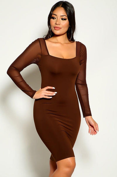 Coffee Mesh Long Sleeve Bodycon Sexy Party Dress - AMIClubwear