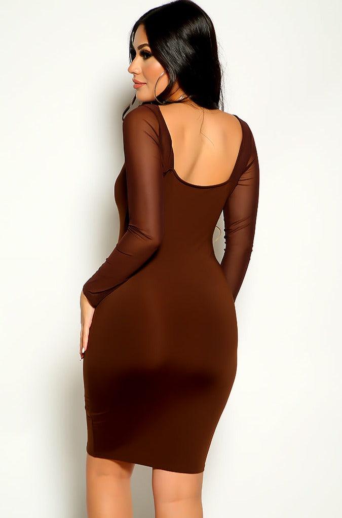 Coffee Mesh Long Sleeve Bodycon Sexy Party Dress - AMIClubwear