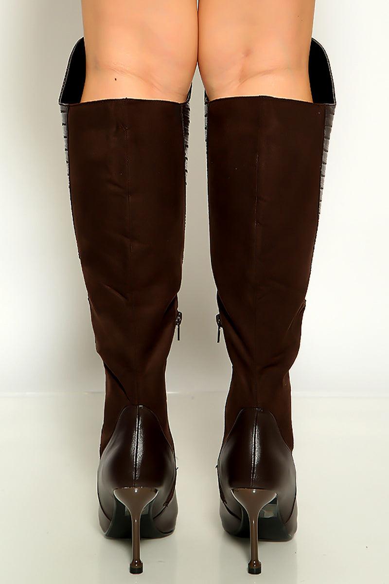 Coffee Pointy Toe Knee High Heel Boots - AMIClubwear