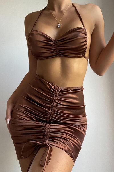 Coffee Satin Cheeky Three Piece Sexy Swimsuit - AMIClubwear