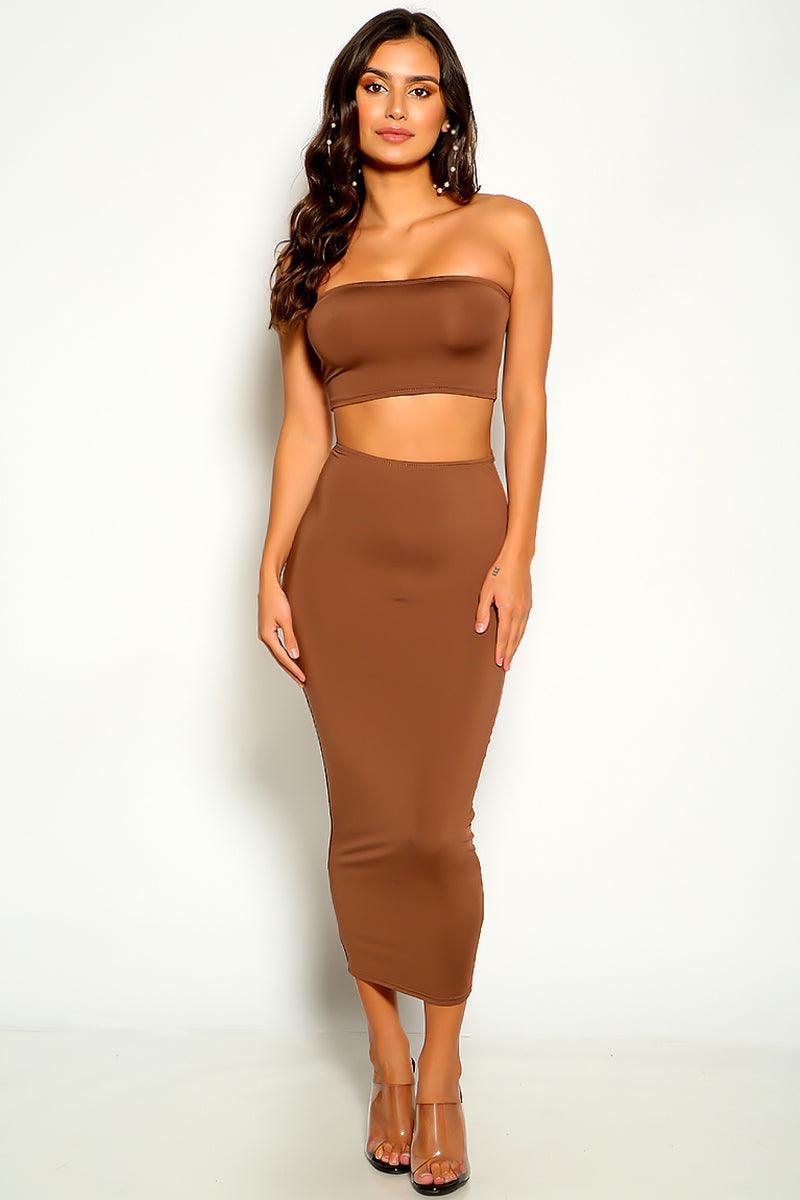 Coffee Strapless Two Piece Party Dress - AMIClubwear