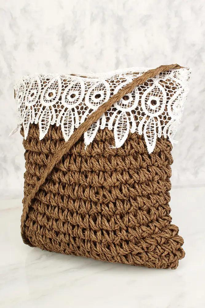 Coffee Straw Embroidered Crochet Shoulder Handbag - AMIClubwear