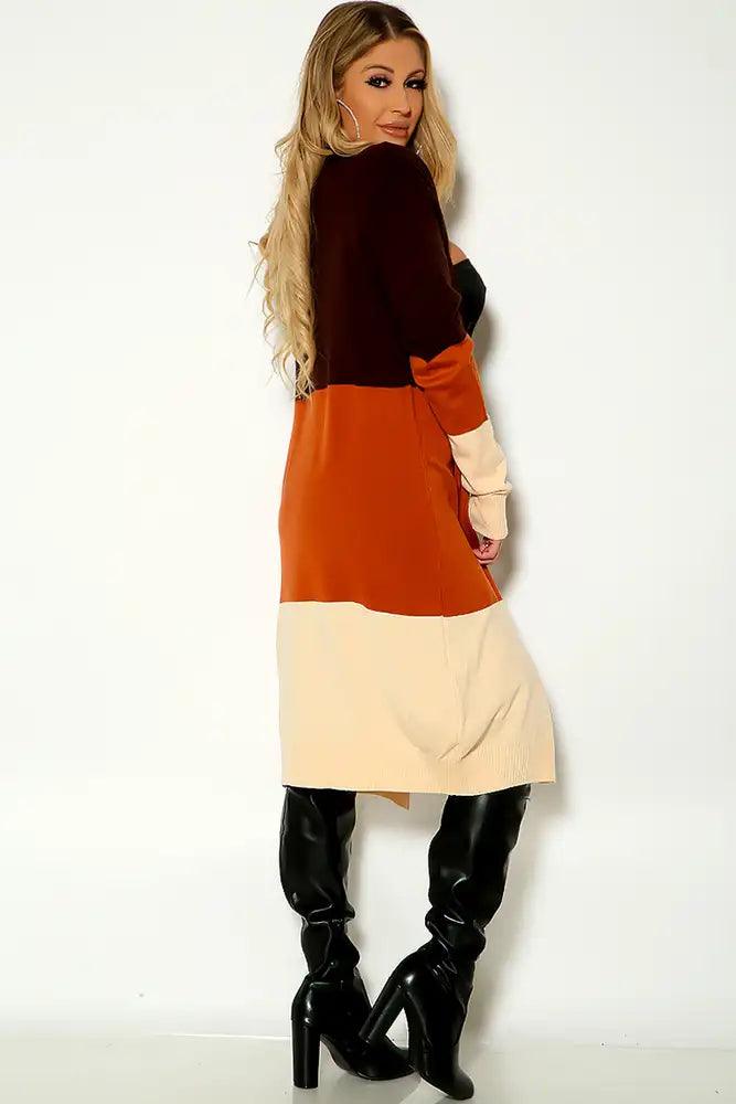 Coffee Two Tone Long Sleeve Open Front Cardigan - AMIClubwear