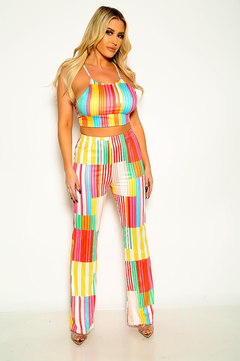 Colorful Rainbow Halter Sleeveless Cropped Wide Leg 2 Pc Outfit - AMIClubwear