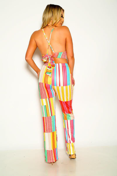 Colorful Rainbow Halter Sleeveless Cropped Wide Leg 2 Pc Outfit - AMIClubwear