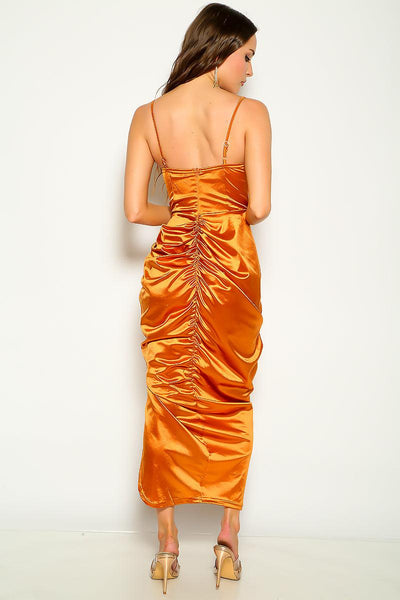 Copper Sleeveless Satin Ruched Slit Midi Sexy Party Dress - AMIClubwear