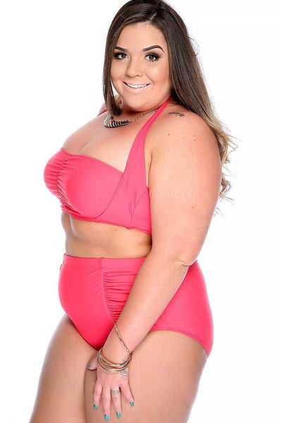 Coral Bold Halter Top Ruched High Waist Two Piece Swimsuit Plus - AMIClubwear