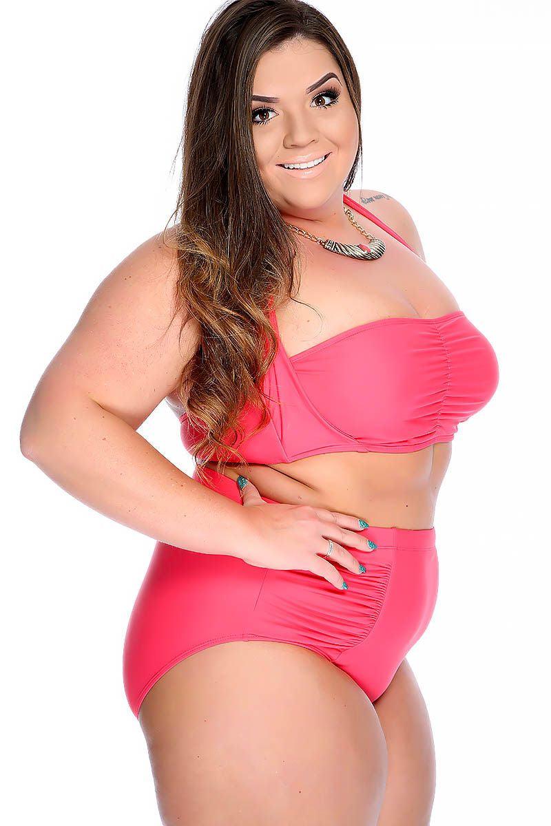 Coral Bold Halter Top Ruched High Waist Two Piece Swimsuit Plus - AMIClubwear