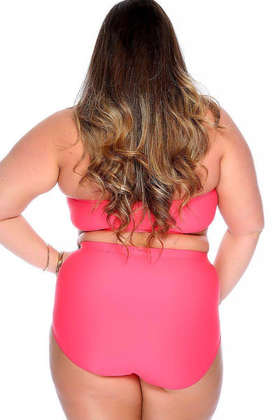 Coral Bold Halter Top Ruched High Waist Two Piece Swimsuit Plus - AMIClubwear