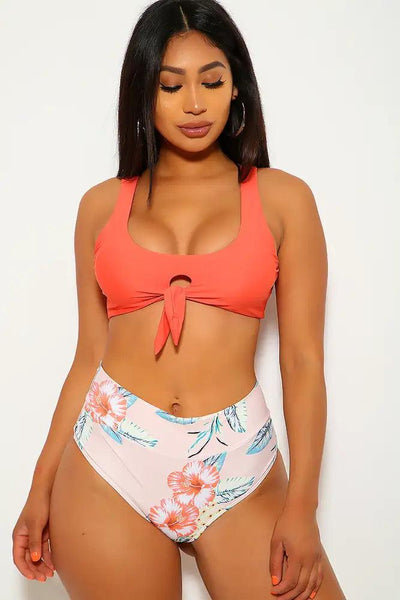 Coral Floral Print High Waist Two Piece Swimsuit - AMIClubwear