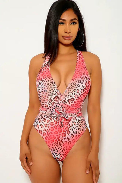 Coral Leopard Print Plus Size One Piece Swimsuit - AMIClubwear