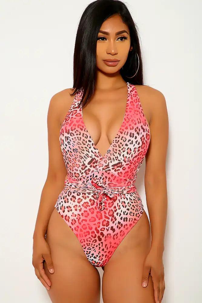 Coral Leopard Print V-Cut One Piece Swimsuit - AMIClubwear