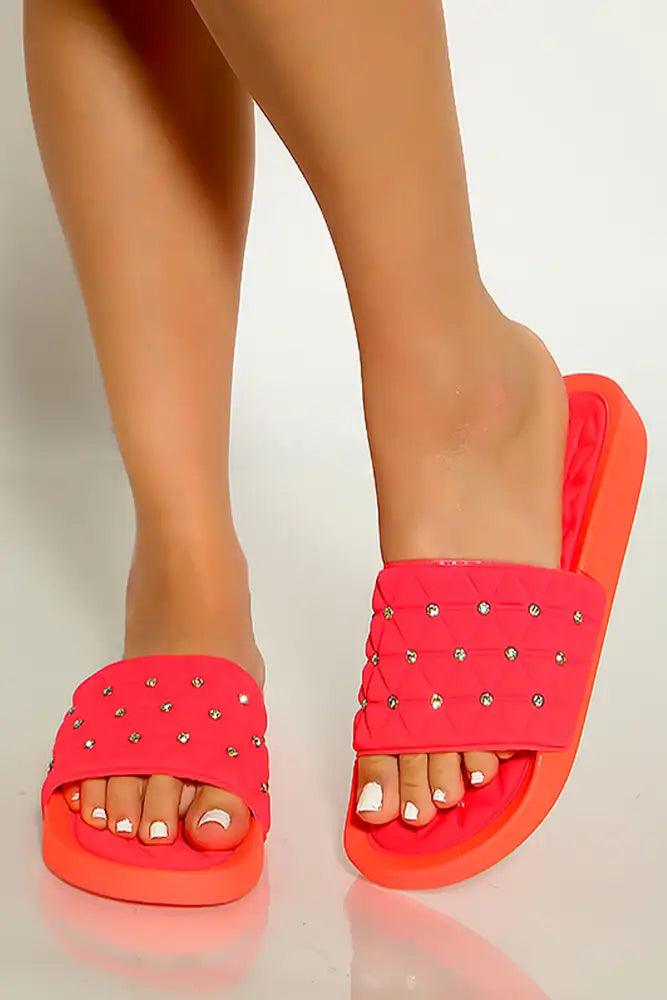 Coral Open Toe Rhinestone Detail Slip On Sandals - AMIClubwear