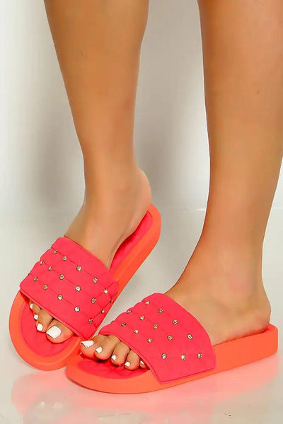 Coral Open Toe Rhinestone Detail Slip On Sandals - AMIClubwear