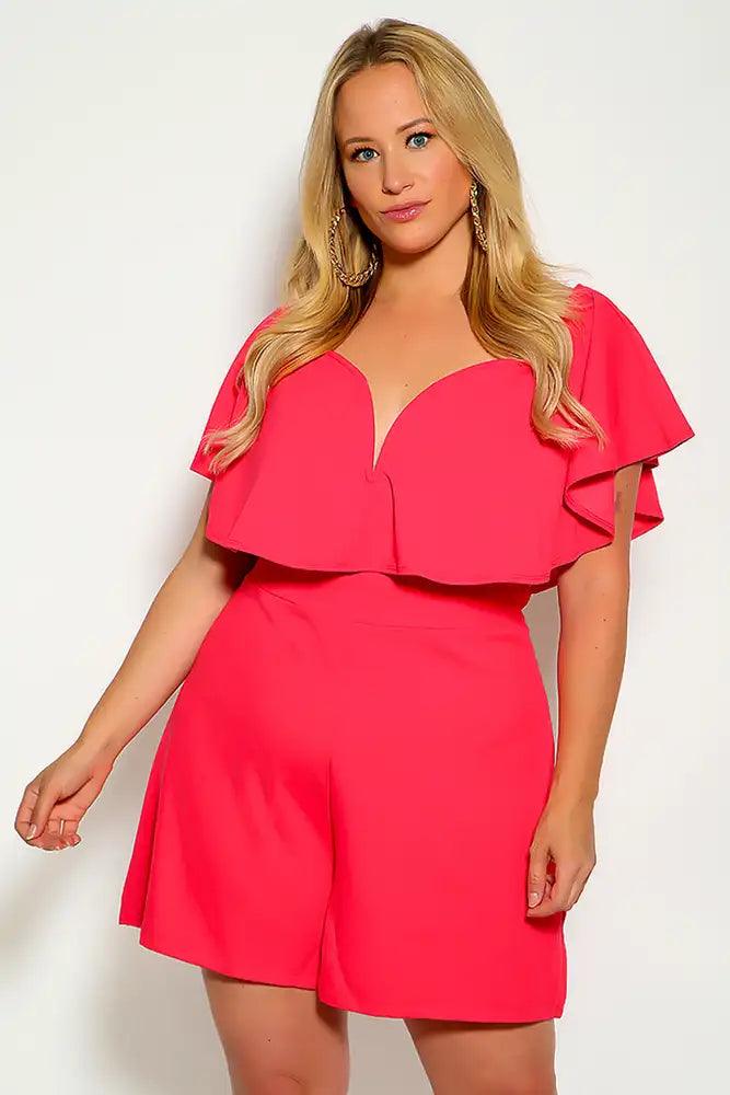 Coral Pink Short Sleeve V-Wire Ruffled Plus Size Romper - AMIClubwear