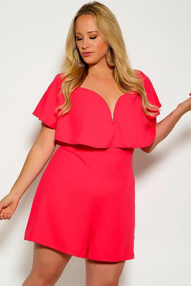 Coral Pink Short Sleeve V-Wire Ruffled Plus Size Romper - AMIClubwear