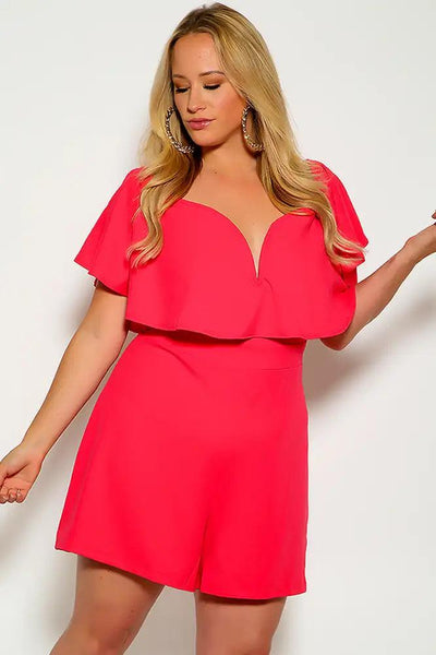 Coral Pink Short Sleeve V-Wire Ruffled Plus Size Romper - AMIClubwear