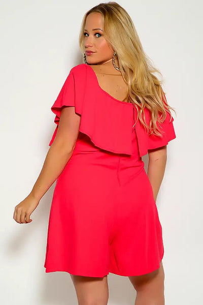 Coral Pink Short Sleeve V-Wire Ruffled Plus Size Romper - AMIClubwear