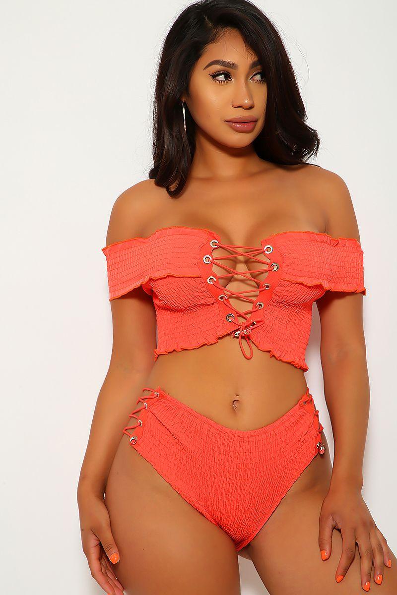 Coral Smocked Off The Shoulders High Waist Two Piece Swimsuit - AMIClubwear