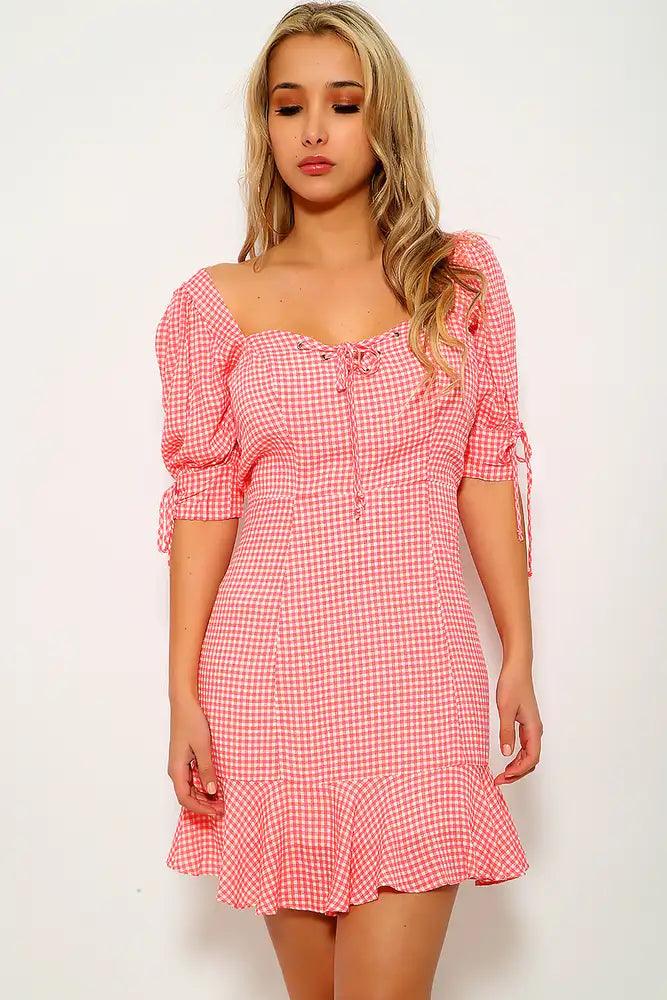 Coral White Gingham Print Party Dress - AMIClubwear